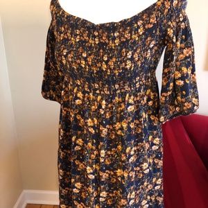 off the shoulder dress-Navy Blue w/floral
